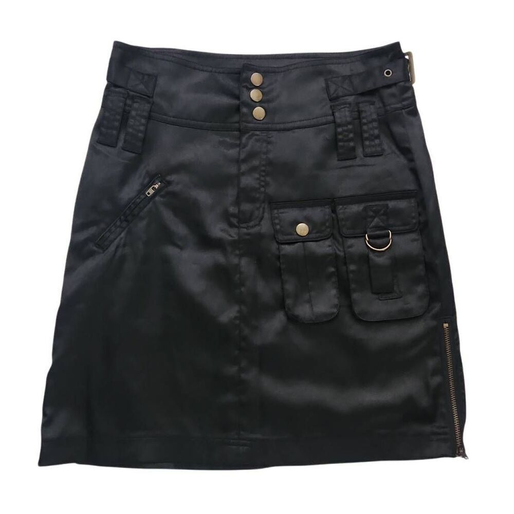 Gold Hawk Women's Size 3 Black Satin Cargo Zip Side Skirt